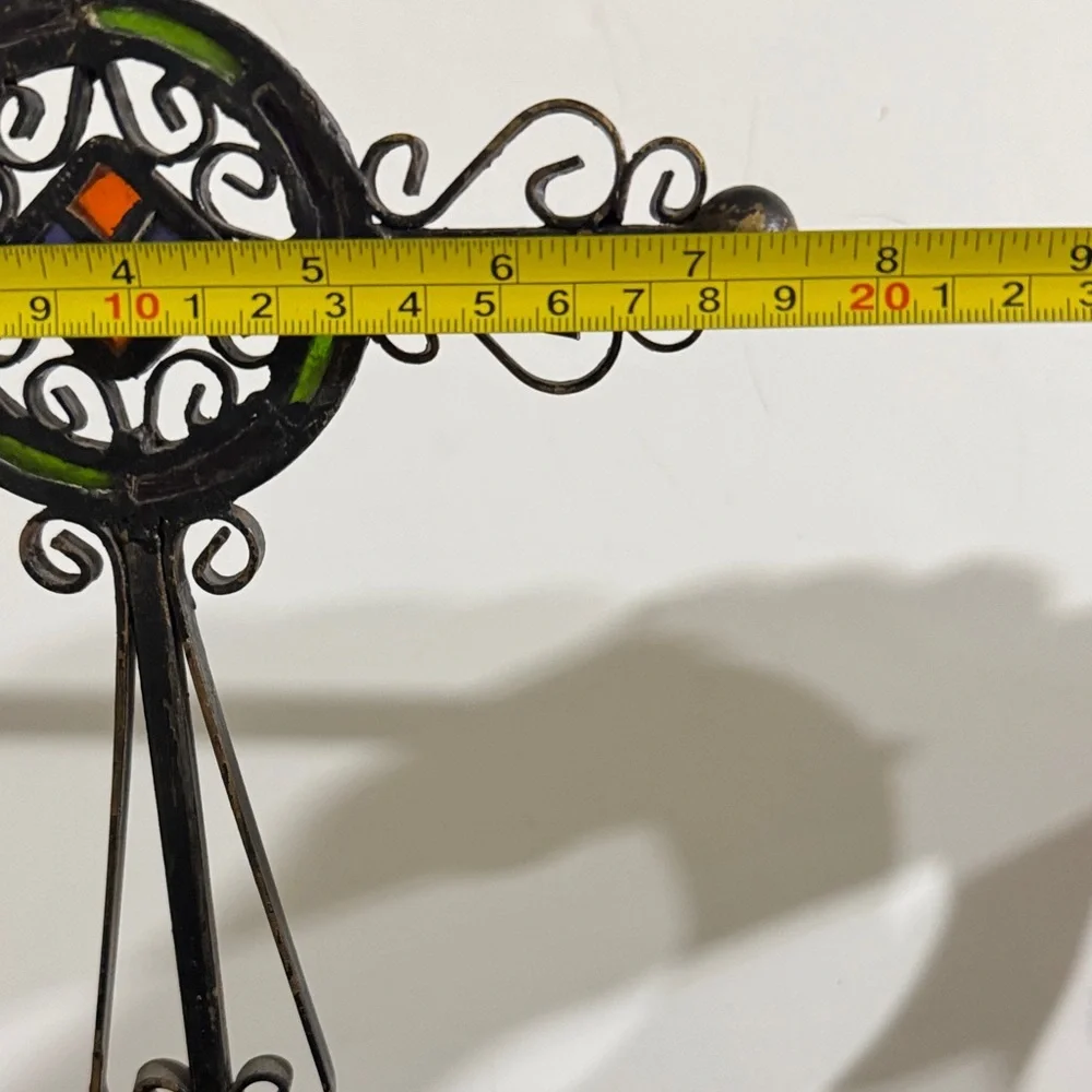 Vintage Rustic free-standing black metal cross with acrylic amber and green